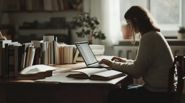 Young woman working intently on her laptop, surrounded by stacks of books and scattered papers in a cozy home library. Creating a focused atmosphere for productive learning and research