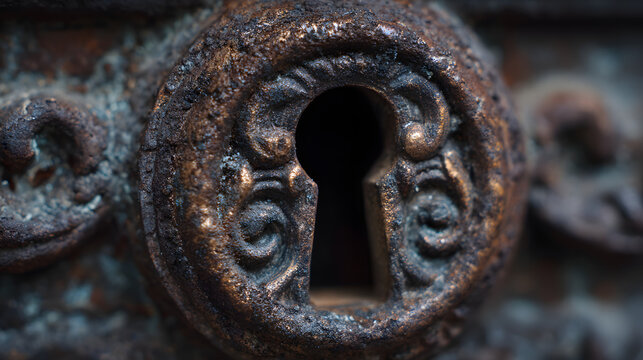 Old key in keyhole, macro shot. Gothic style. Key to knowledge. Concept and Idea for History, education, business, security, secret background.