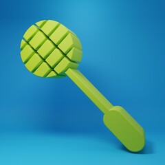 Green Tennis racket icon isolated on blue background. Sport equipment. Minimalism concept. 3D render illustration