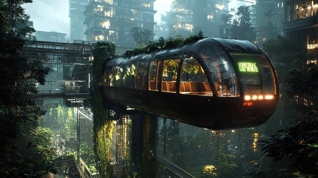 Futuristic Transportation Pod in an Overgrown City at Night - Powered by Adobe