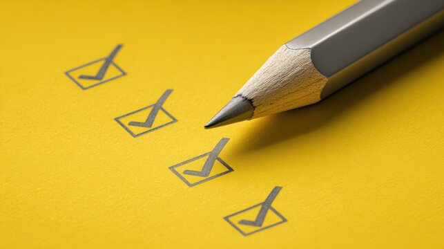 The pencil hovering above a checklist on a bright yellow background.