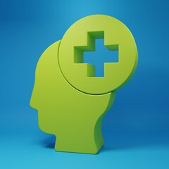 Obraz premium Green Male head with hospital icon isolated on blue background. Head with mental health, healthcare and medical sign. Minimalism concept. 3D render illustration
