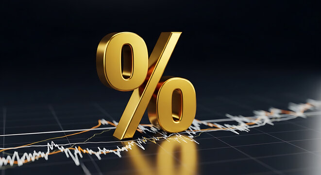 A golden percentage symbol sits atop an upward moving chart over a dark grid - Powered by Adobe