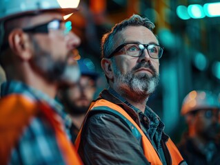 A close-up portrait of an attentive, mature industrial worker with a beard and glasses, wearing a safety vest. His focused upward gaze suggests he is observing or supervising a complex operation