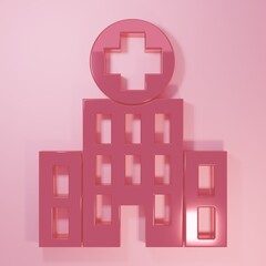 Obraz premium Pink Medical hospital building with cross icon isolated on pink background. Medical center. Health care. Minimalism concept. 3D render illustration