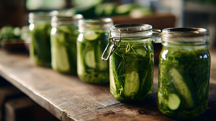 Homemade Pickled Cucumbers in Glass Jars with Dill and Spices