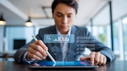 Real estate agent using tablet with digital property search and data analytics
