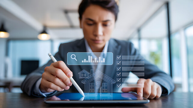 Real estate agent using tablet with digital property search and data analytics - Powered by Adobe