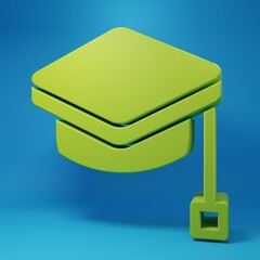 Green Graduation cap icon isolated on blue background. Graduation hat with tassel icon. Minimalism concept. 3D render illustration