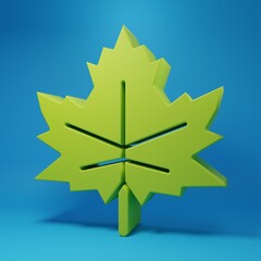 Green Leaf icon isolated on blue background. Leaves sign. Fresh natural product symbol. Minimalism concept. 3D render illustration