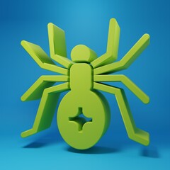 Green Spider icon isolated on blue background. Happy Halloween party. Minimalism concept. 3D render illustration