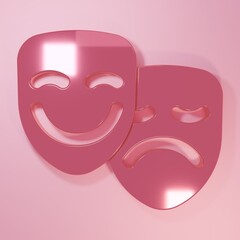 Pink Comedy and tragedy theatrical masks icon isolated on pink background. Minimalism concept. 3D render illustration