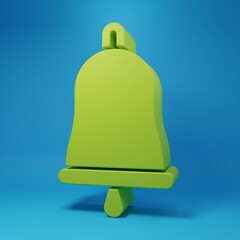 Green Ringing bell icon isolated on blue background. Alarm symbol, service bell, handbell sign, notification symbol. Minimalism concept. 3D render illustration