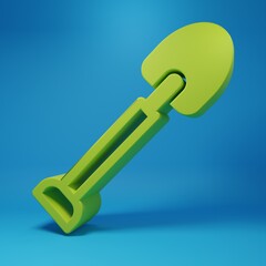 Green Shovel icon isolated on blue background. Gardening tool. Tool for horticulture, agriculture, farming. Minimalism concept. 3D render illustration