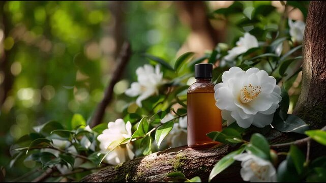 Natural beauty elixir with fresh flowers set in a serene forest environment showcasing vibrant colors and tranquility