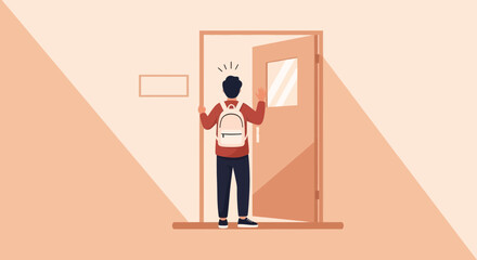 Student Entering Classroom Door With Backpack In School Hallway Illustration