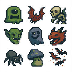 A pixel art collection of fantasy monsters including goblin, ghost, dragon, spider, mushroom, and skeletons. Designed for enemy sprites, RPG creature logs, and game encounters.
