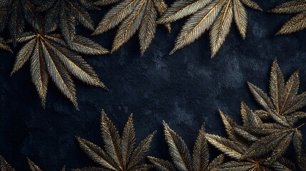 Cannabis background with golden leaves and dark velvet for luxury packaging. Copy space. Generative AI