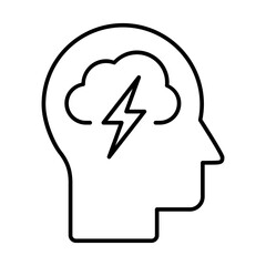 Negative thinking, depression, sadness concept. Head with a cloud and a lightning bolt. Mental Health Symbol. Anxiety and stress symbol. Bad mood. Storm mind. Hopelessness sign. Vector illustration.