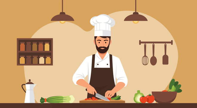 Professional Chef Prepares A Delicious Meal In A Clean Culinary Environment Illustration