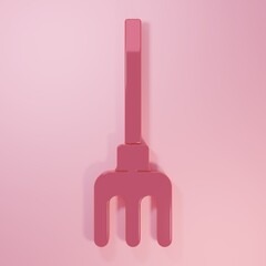 Pink Garden rake icon isolated on pink background. Tool for horticulture, agriculture, farming. Ground cultivator. Minimalism concept. 3D render illustration