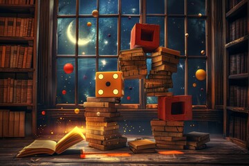 Whimsical Books Stacked with Colorful Covers, Dice, and Warm Window Light Creating a Cozy Atmosphere