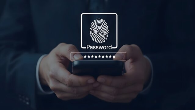 Businessman holding smartphone with fingerprint authentication and password screen. Symbolizes digital security, privacy, data protection. Perfect for cybersecurity,