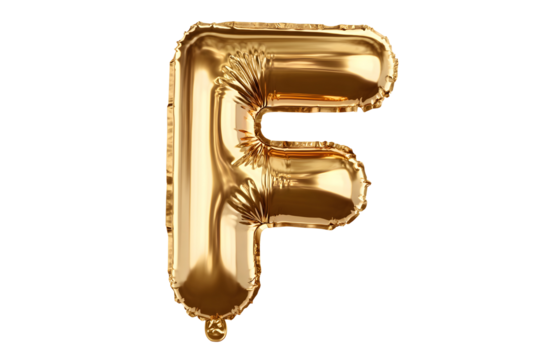 Gold Foil Balloon Letter F on Transparent Background