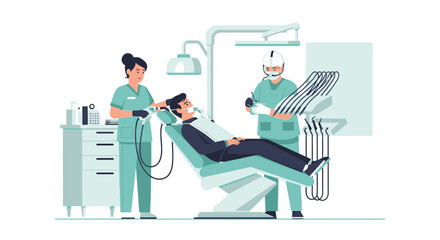 Professional Dental Clinic Illustration Doctor and Patient in Modern Equipment