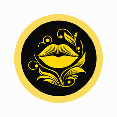 Golden lips, glamorous lips in golden round decorative composition for tattoo, sticker, icon, logo, cosmetic theme, circular emblem, abstract flat design, vector illustration