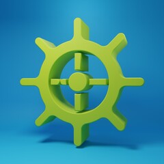 Obraz premium Green Ship steering wheel icon isolated on blue background. Minimalism concept. 3D render illustration