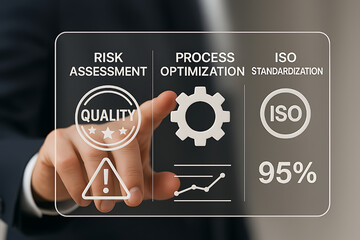 A finger touching a transparent screen displaying risk assessment, process optimization, and iso standardization icons