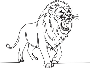 Fototapeta premium Continuous line art of a roaring lion, hand-drawn modern style, clean vector look, high-contrast black on white,