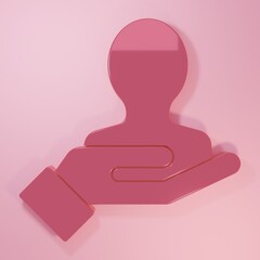 Pink Hand for search a people icon isolated on pink background. Recruitment or selection concept. Search for employees and job. Minimalism concept. 3D render illustration