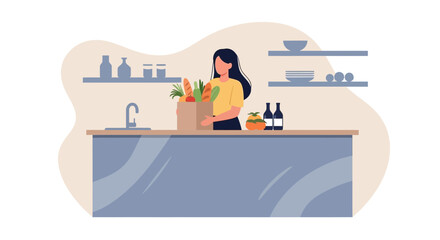 Fototapeta premium Woman With Groceries Arriving Home From Shopping In A Modern Kitchen