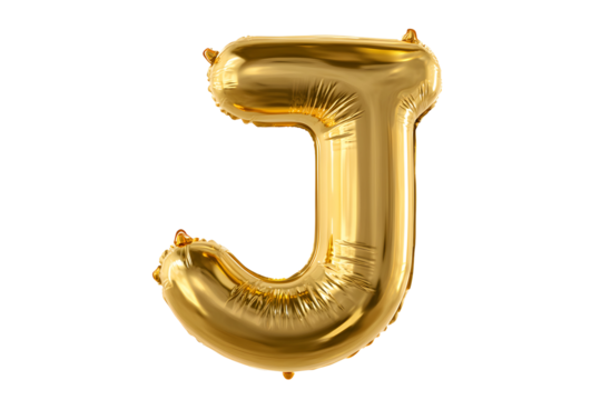 Gold Foil Balloon Letter J on Transparent Background