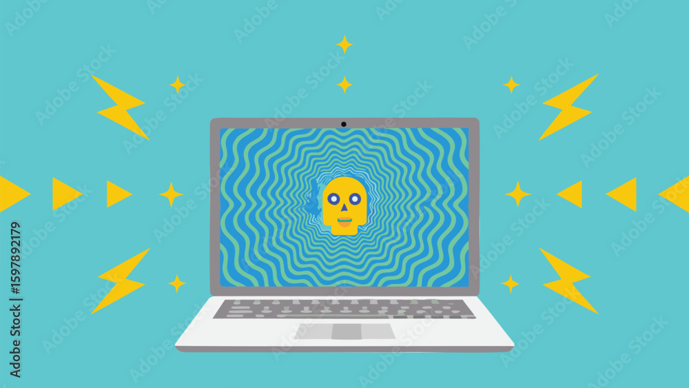 Poster laptop screen displaying a skull with a wavy background and lightning bolts around it design style