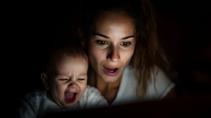 Stressed mother multitasking with crying baby and laptop