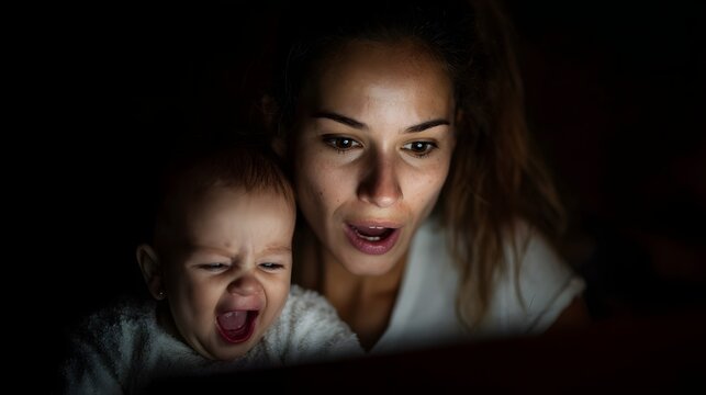 Stressed mother multitasking with crying baby and laptop