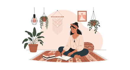 Woman Writing In A Cozy Boho Room With Indoor Plants And Macrame Decor