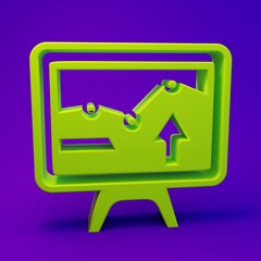 Green Computer monitor with graph chart icon isolated on purple-blue background. Report text file icon. Accounting sign. Audit, analysis, planning. Minimalism concept. 3D render illustration