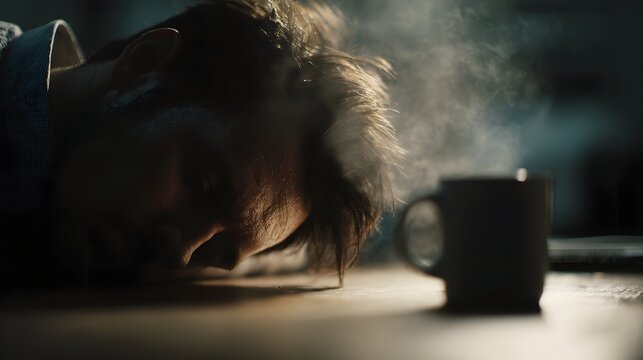 Exhausted office worker resting head on desk beside coffee cup