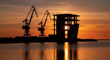 Obraz premium Silhouetted cranes and unfinished structure against a vibrant dawn sky near calm waters.