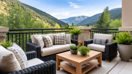 Fototapeta premium Relaxing outdoor patio furniture overlooking scenic mountain view