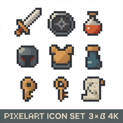 A pixel art icon set featuring classic RPG equipment like sword, shield, potion, helmet, armor, keys, and map. Perfect for retro game UIs, indie game assets, or RPG item systems.
