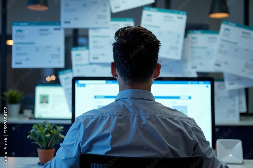 Poster image of a person surrounded by digital invoices and accounting software, showcasing a seamless invo