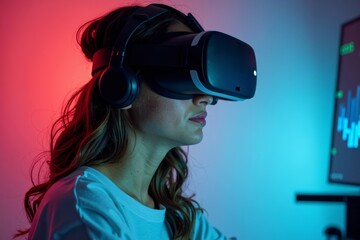 Individual from a marginalized community utilizing virtual reality technology for 3D data visualization in the workplace.