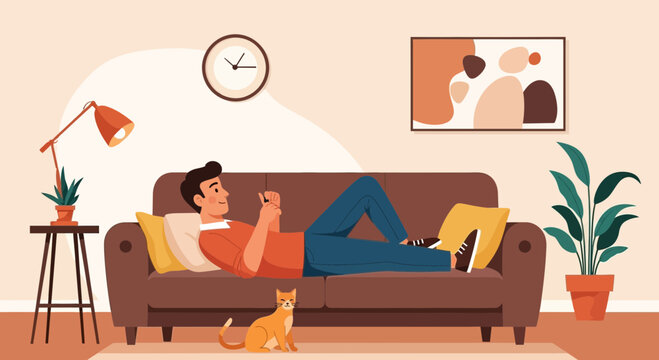 Relaxed Man Using Phone On Couch At Home With His Cat Nearby