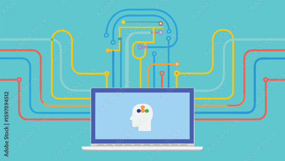 Poster laptop displaying a head with colorful brain sections connected to a circuit board design network ar