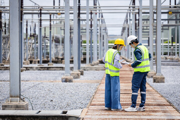 Engineer working at high voltage substation power infrastructure inspection check with safety helmet and vest on industrial site